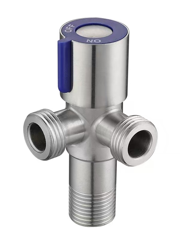 Igwe na-acha anụnụ anụnụ 90° Dual Outlet Valve akụkụ ụzọ atọ